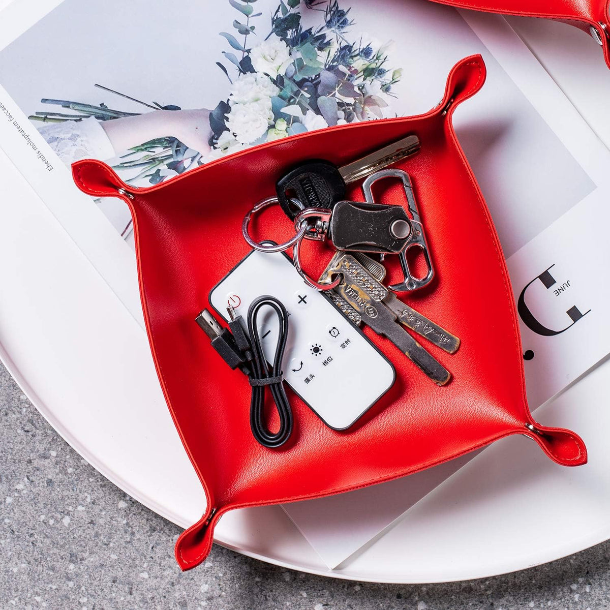 Leather Jewelry Valet Tray for Women and Man (Dark Green-B)