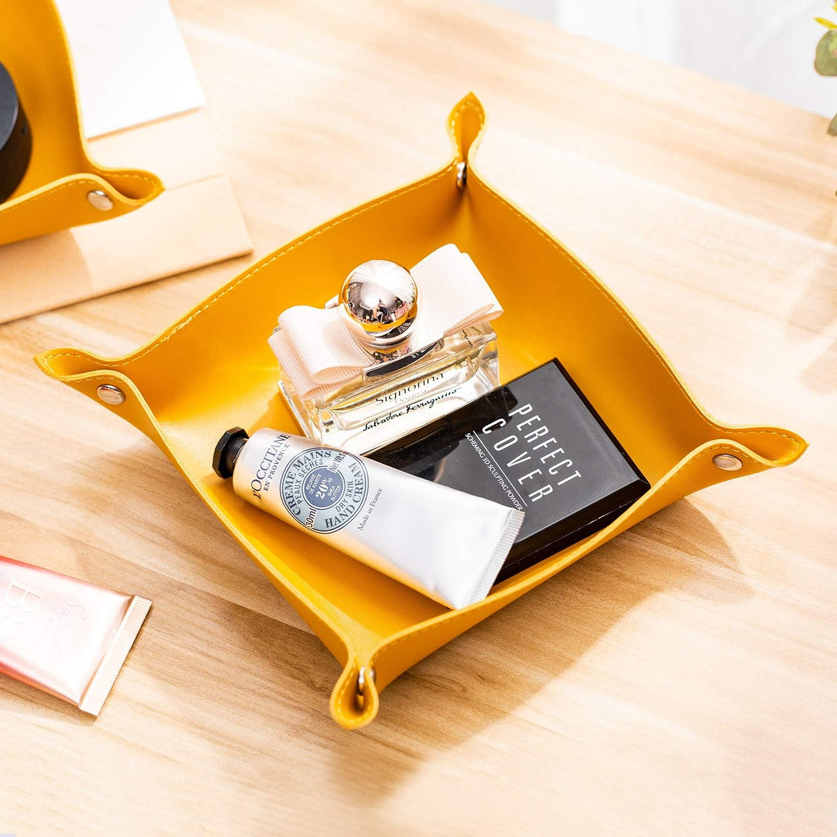 Leather Jewelry Valet Tray for Women and Man (Dark Green-B)