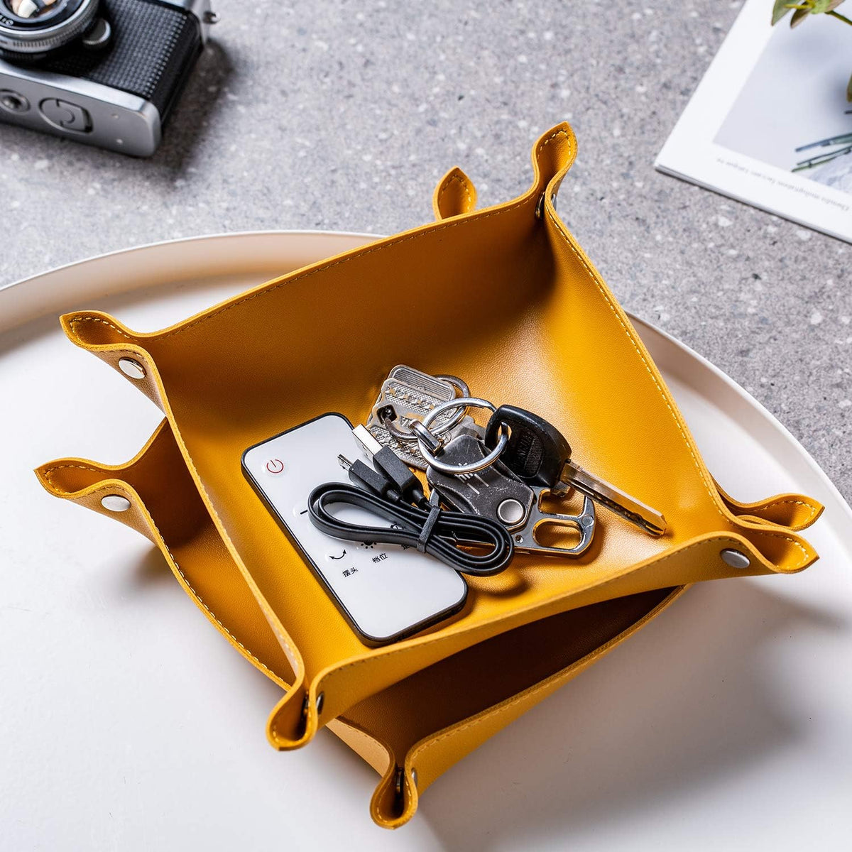 Leather Jewelry Valet Tray for Women and Man (Dark Green-B)