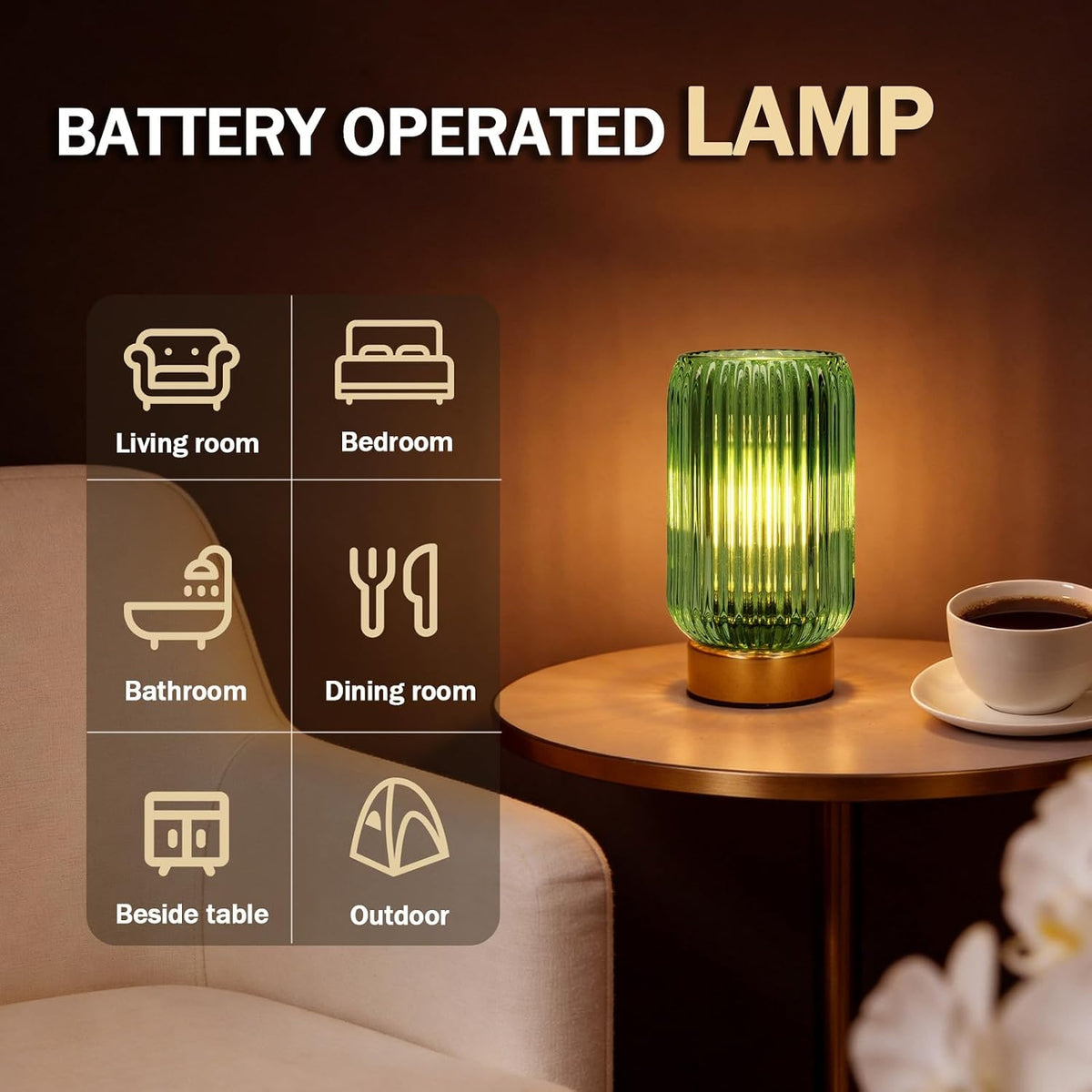 Battery Operated Lamp, Small Cordless Lamp with Timer, Green