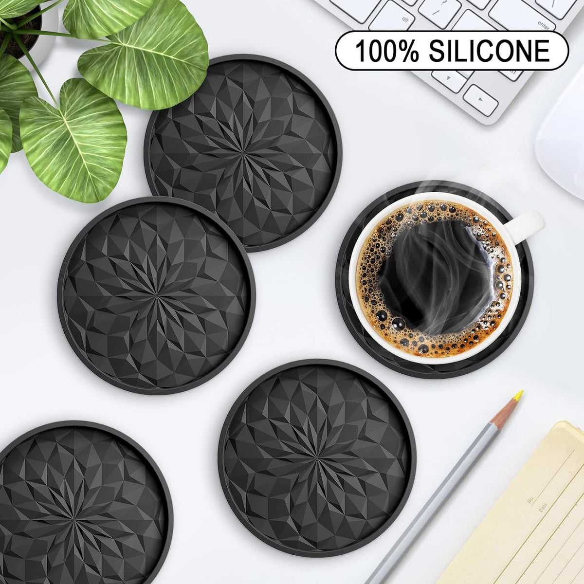 Silicone Coasters with Holder,[6 Pack] Drinking Coasters - Cup Mat for Hot or Cold Drinks, Thickened, Non-Slip, Non-Stick,Deep Tray Black