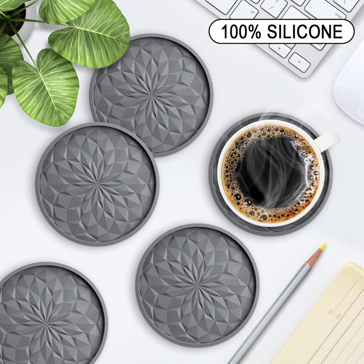 Silicone Coasters with Holder,[6 Pack] Drinking Coasters - Cup Mat for Hot or Cold Drinks, Thickened, Non-Slip, Non-Stick,Deep Tray Black