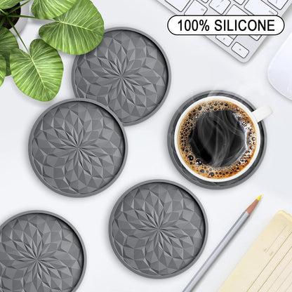Silicone Coasters with Holder,[6 Pack] Drinking Coasters - Cup Mat for Hot or Cold Drinks, Thickened, Non-Slip, Non-Stick,Deep Tray Black