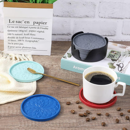 Silicone Coasters with Holder,[6 Pack] Drinking Coasters - Cup Mat for Hot or Cold Drinks, Thickened, Non-Slip, Non-Stick,Deep Tray Black