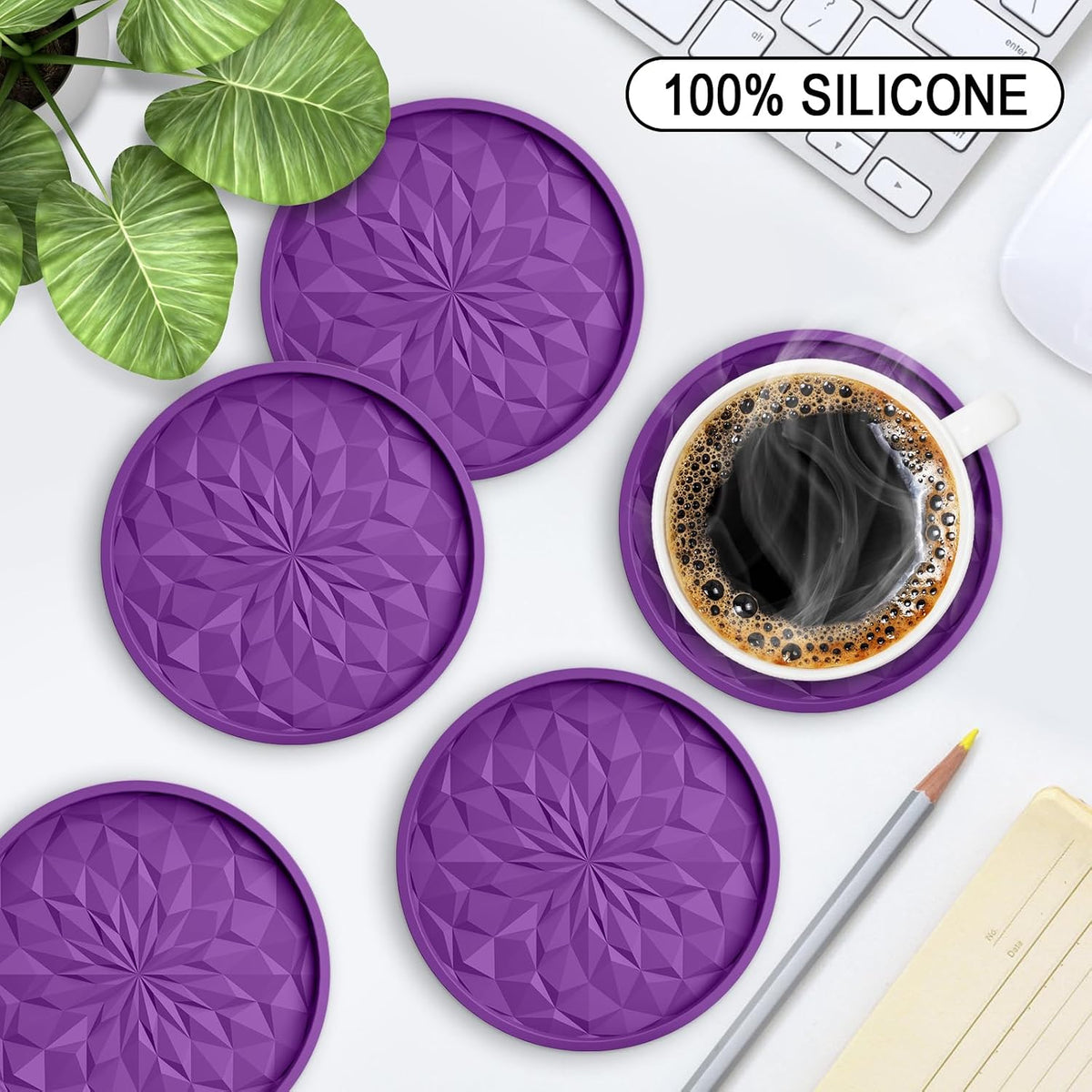 Silicone Coasters with Holder,[6 Pack] Drinking Coasters - Cup Mat for Hot or Cold Drinks, Thickened, Non-Slip, Non-Stick,Deep Tray Black