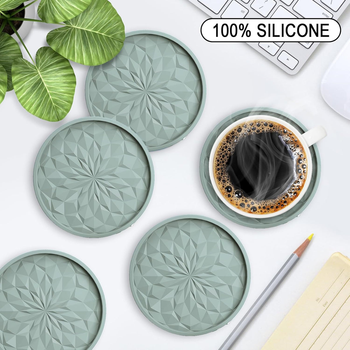 Silicone Coasters with Holder,[6 Pack] Drinking Coasters - Cup Mat for Hot or Cold Drinks, Thickened, Non-Slip, Non-Stick,Deep Tray Black