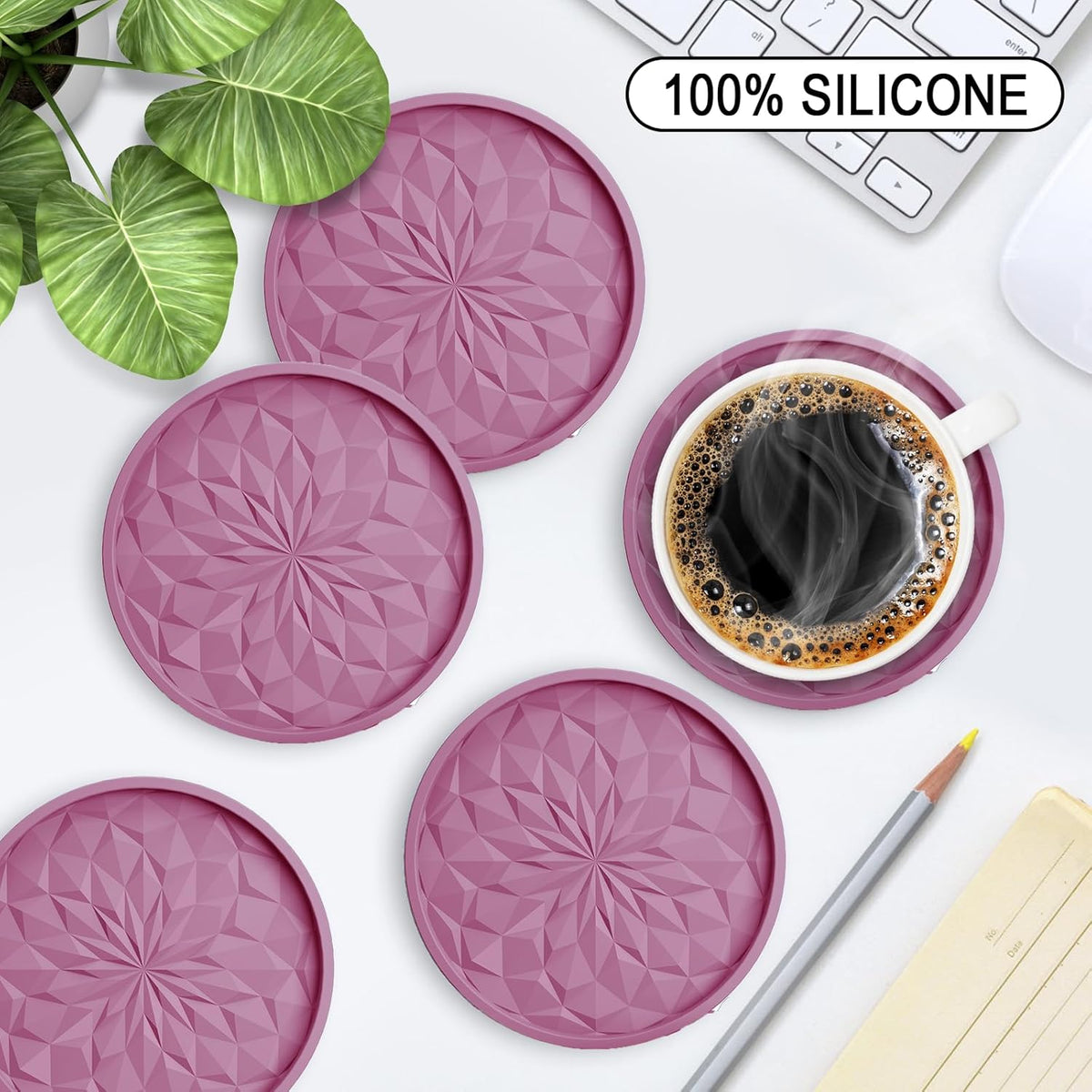 Silicone Coasters with Holder,[6 Pack] Drinking Coasters - Cup Mat for Hot or Cold Drinks, Thickened, Non-Slip, Non-Stick,Deep Tray Black
