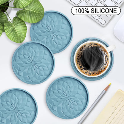 Silicone Coasters with Holder,[6 Pack] Drinking Coasters - Cup Mat for Hot or Cold Drinks, Thickened, Non-Slip, Non-Stick,Deep Tray Black