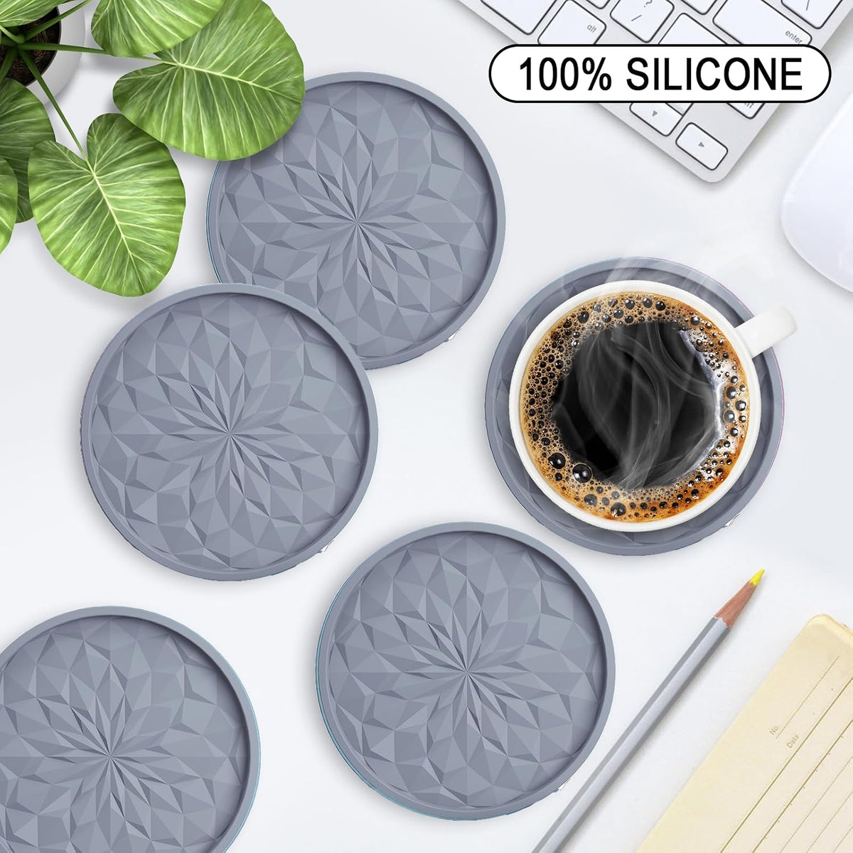 Silicone Coasters with Holder,[6 Pack] Drinking Coasters - Cup Mat for Hot or Cold Drinks, Thickened, Non-Slip, Non-Stick,Deep Tray Black