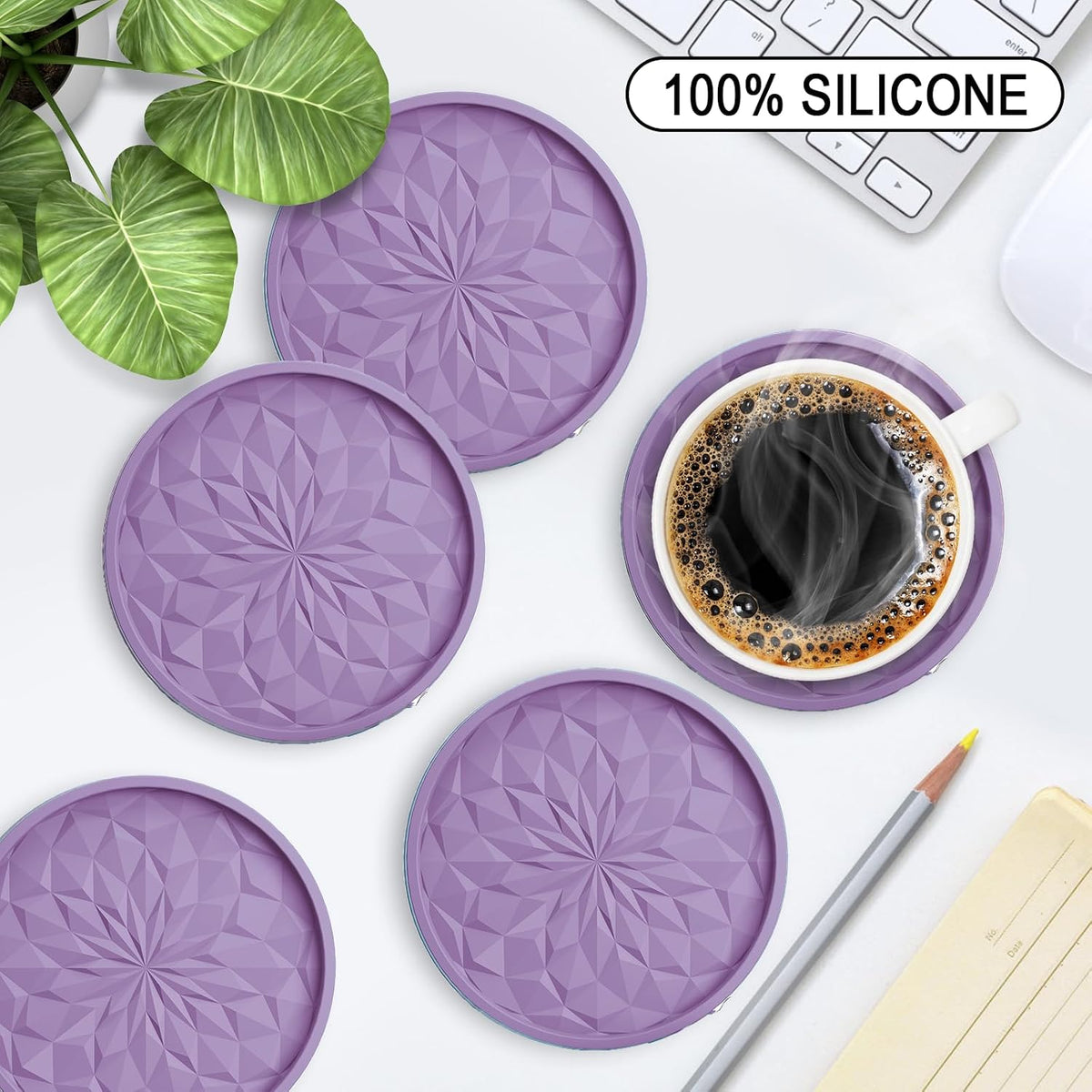 Silicone Coasters with Holder,[6 Pack] Drinking Coasters - Cup Mat for Hot or Cold Drinks, Thickened, Non-Slip, Non-Stick,Deep Tray Black