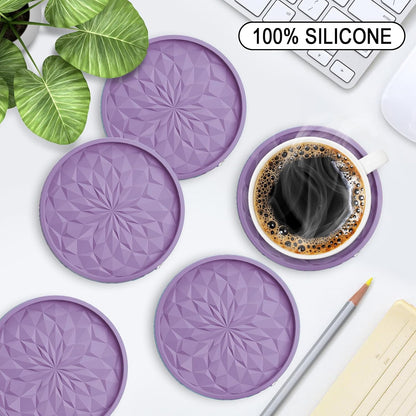 Silicone Coasters with Holder,[6 Pack] Drinking Coasters - Cup Mat for Hot or Cold Drinks, Thickened, Non-Slip, Non-Stick,Deep Tray Black