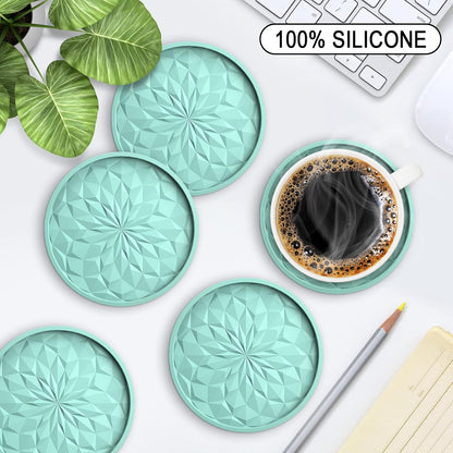 Silicone Coasters with Holder,[6 Pack] Drinking Coasters - Cup Mat for Hot or Cold Drinks, Thickened, Non-Slip, Non-Stick,Deep Tray Black
