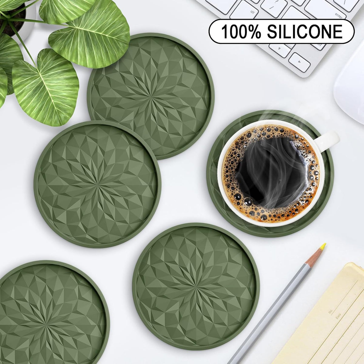 Silicone Coasters with Holder,[6 Pack] Drinking Coasters - Cup Mat for Hot or Cold Drinks, Thickened, Non-Slip, Non-Stick,Deep Tray Black