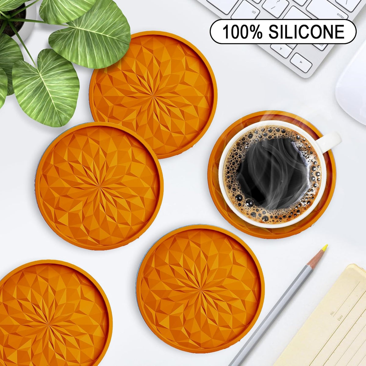 Silicone Coasters with Holder,[6 Pack] Drinking Coasters - Cup Mat for Hot or Cold Drinks, Thickened, Non-Slip, Non-Stick,Deep Tray Black