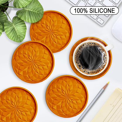Silicone Coasters with Holder,[6 Pack] Drinking Coasters - Cup Mat for Hot or Cold Drinks, Thickened, Non-Slip, Non-Stick,Deep Tray Black