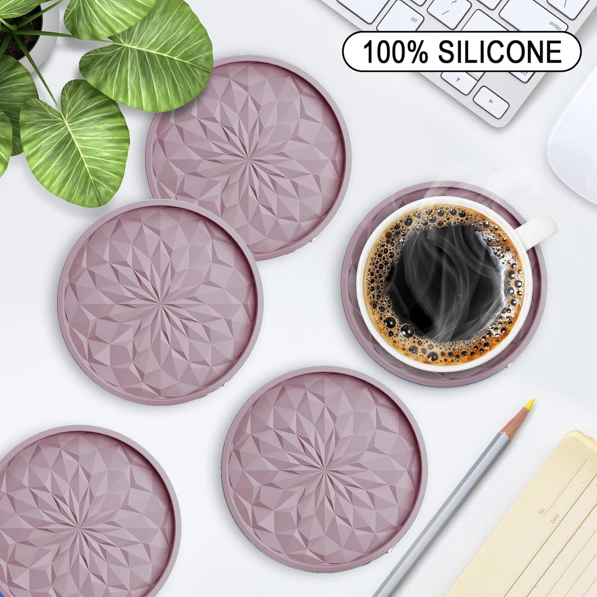 Silicone Coasters with Holder,[6 Pack] Drinking Coasters - Cup Mat for Hot or Cold Drinks, Thickened, Non-Slip, Non-Stick,Deep Tray Black
