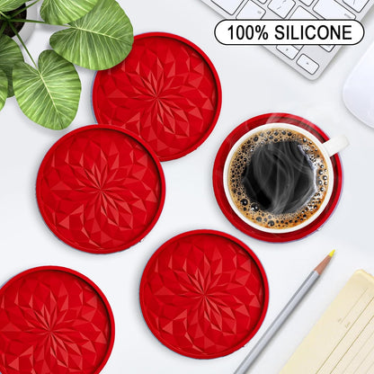 Silicone Coasters with Holder,[6 Pack] Drinking Coasters - Cup Mat for Hot or Cold Drinks, Thickened, Non-Slip, Non-Stick,Deep Tray Black