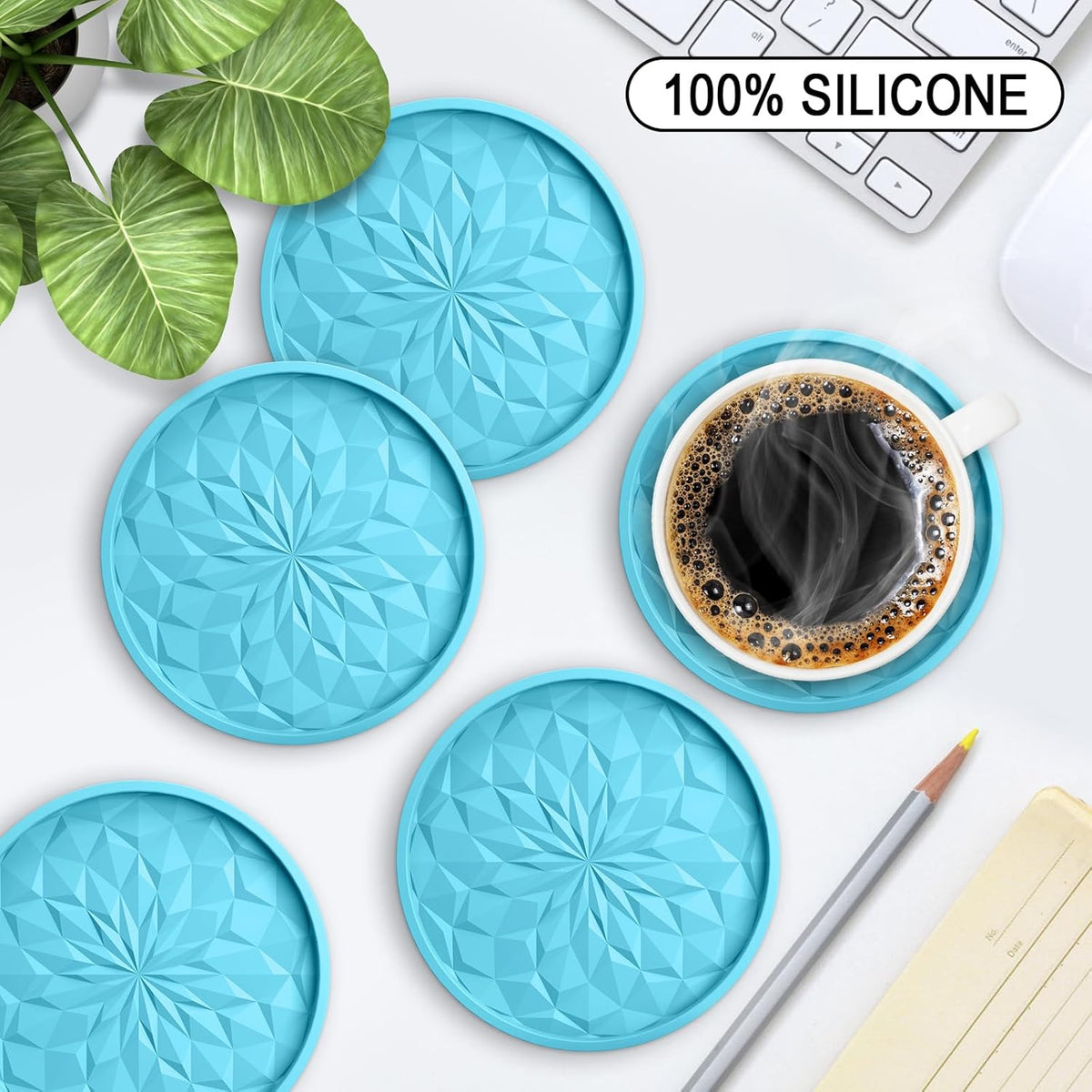 Silicone Coasters with Holder,[6 Pack] Drinking Coasters - Cup Mat for Hot or Cold Drinks, Thickened, Non-Slip, Non-Stick,Deep Tray Black