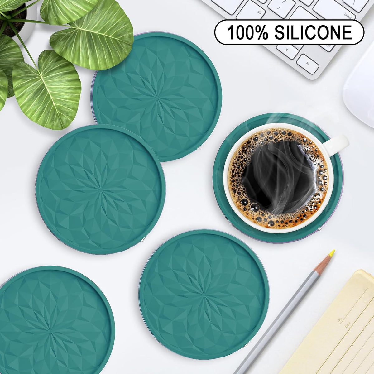 Silicone Coasters with Holder,[6 Pack] Drinking Coasters - Cup Mat for Hot or Cold Drinks, Thickened, Non-Slip, Non-Stick,Deep Tray Black