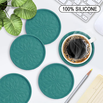 Silicone Coasters with Holder,[6 Pack] Drinking Coasters - Cup Mat for Hot or Cold Drinks, Thickened, Non-Slip, Non-Stick,Deep Tray Black