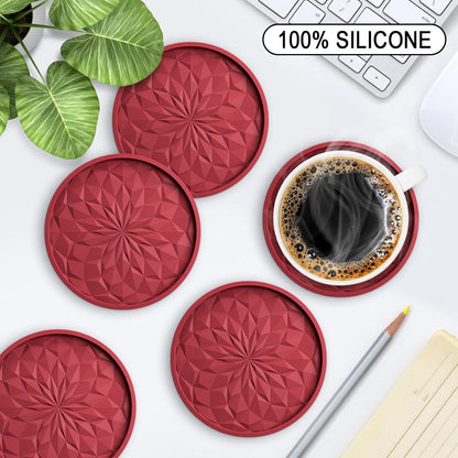 Silicone Coasters with Holder,[6 Pack] Drinking Coasters - Cup Mat for Hot or Cold Drinks, Thickened, Non-Slip, Non-Stick,Deep Tray Black
