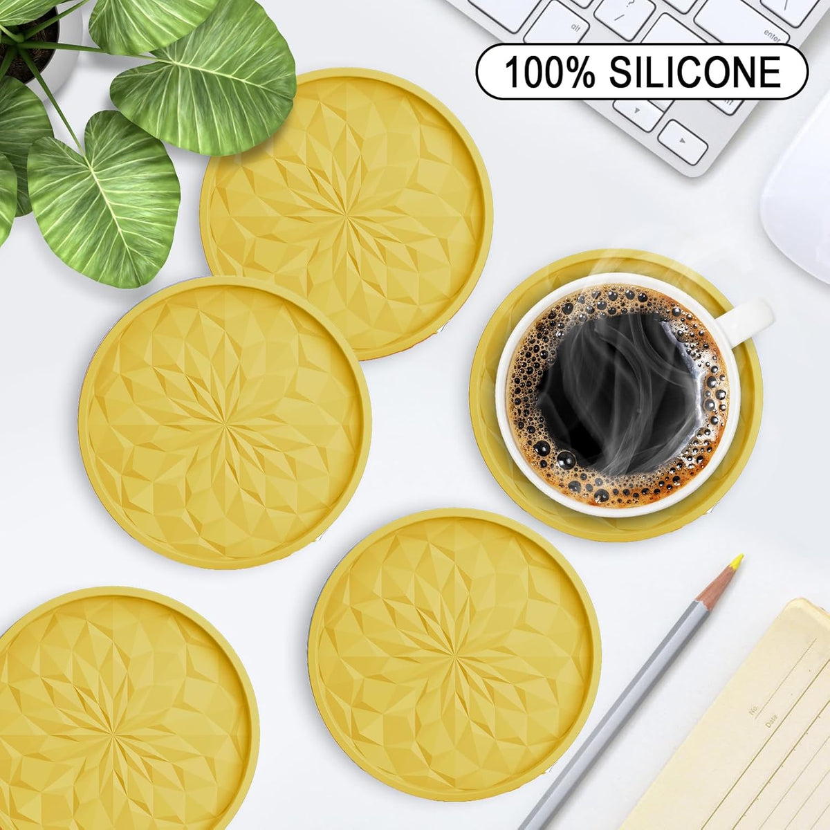 Silicone Coasters with Holder,[6 Pack] Drinking Coasters - Cup Mat for Hot or Cold Drinks, Thickened, Non-Slip, Non-Stick,Deep Tray Black