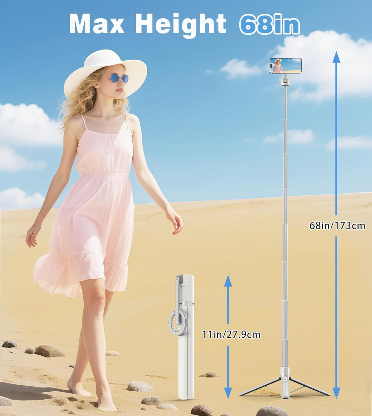 68" Magnetic Aluminum Phone Tripod Selfie Stick for iPhone & Android