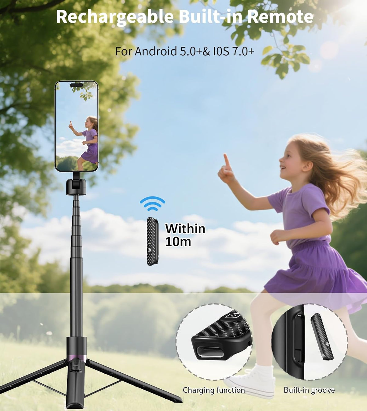 68" Magnetic Aluminum Phone Tripod Selfie Stick for iPhone & Android