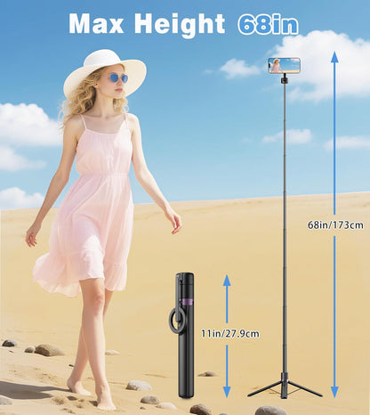 68" Magnetic Aluminum Phone Tripod Selfie Stick for iPhone & Android
