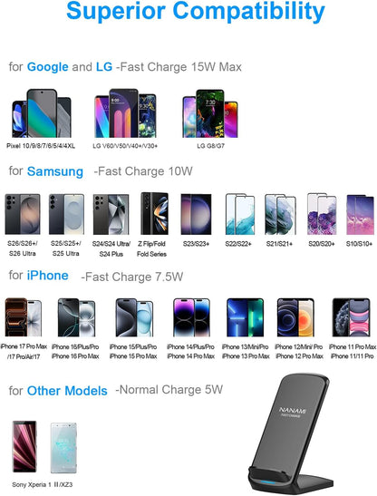 Upgraded Fast Wireless Charger, Wireless Charging Stand Compatible with Samsung Galaxy S26/S26+/S25/S24/S23/S22/S21 & Phone Charger Dock for iPhone 17/17 Air/16/16 Plus/16 Pro/15/14/13/12