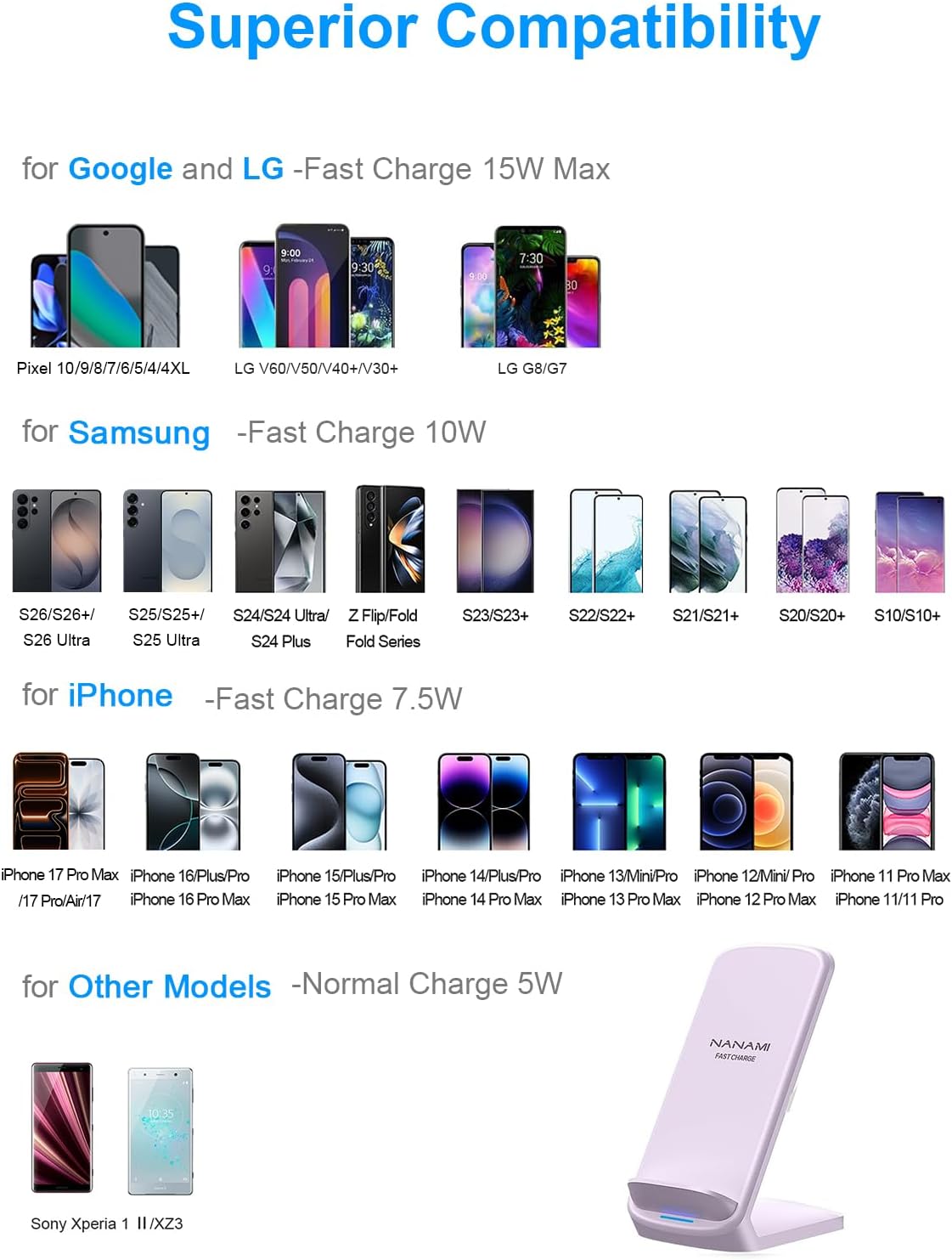 Upgraded Fast Wireless Charger, Wireless Charging Stand Compatible with Samsung Galaxy S26/S26+/S25/S24/S23/S22/S21 & Phone Charger Dock for iPhone 17/17 Air/16/16 Plus/16 Pro/15/14/13/12