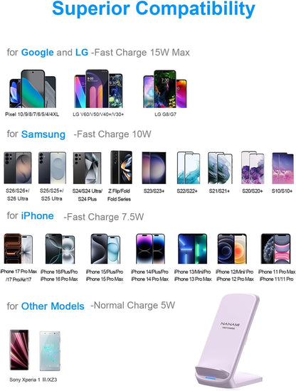 Upgraded Fast Wireless Charger, Wireless Charging Stand Compatible with Samsung Galaxy S26/S26+/S25/S24/S23/S22/S21 & Phone Charger Dock for iPhone 17/17 Air/16/16 Plus/16 Pro/15/14/13/12