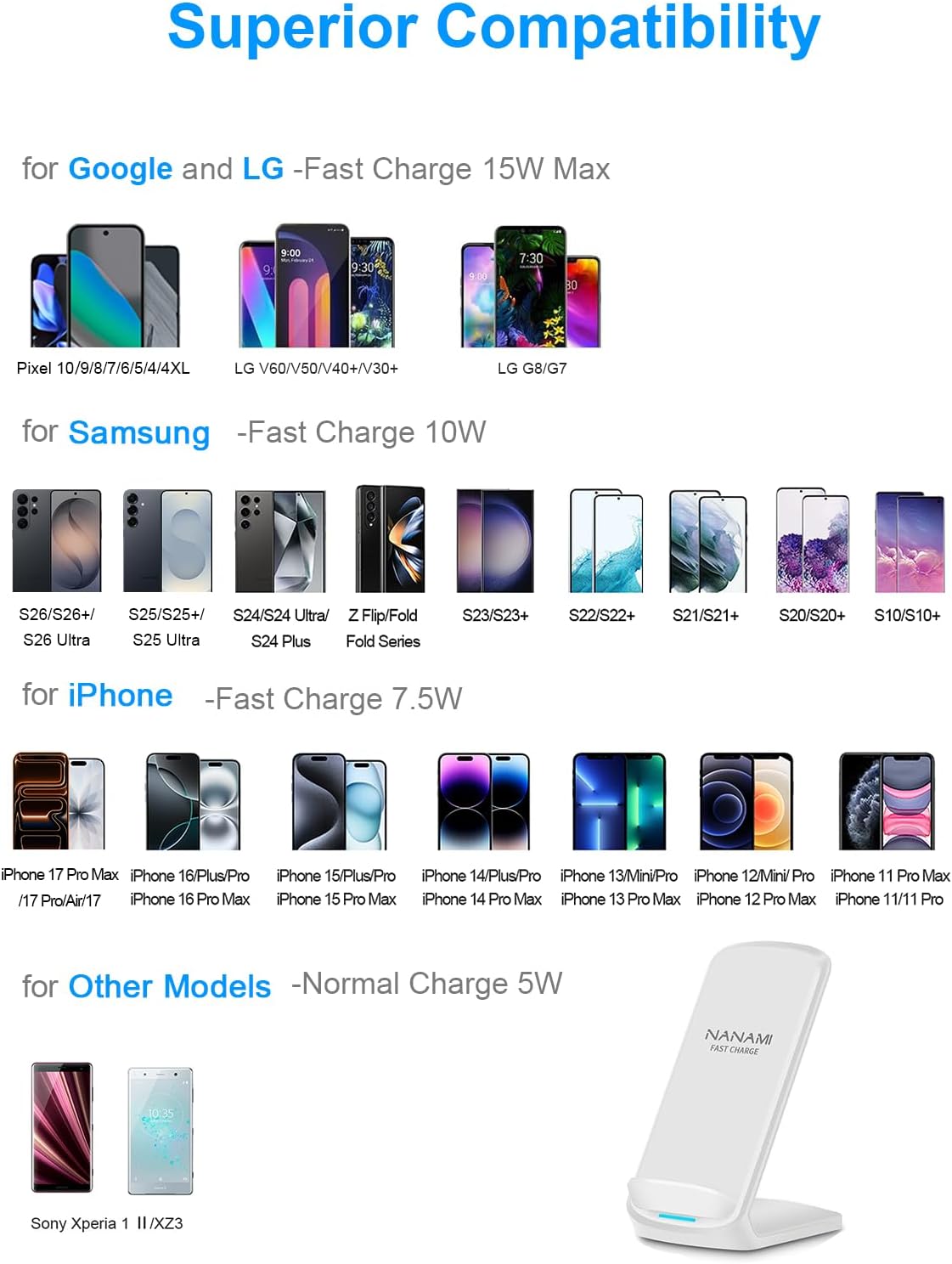 Upgraded Fast Wireless Charger, Wireless Charging Stand Compatible with Samsung Galaxy S26/S26+/S25/S24/S23/S22/S21 & Phone Charger Dock for iPhone 17/17 Air/16/16 Plus/16 Pro/15/14/13/12