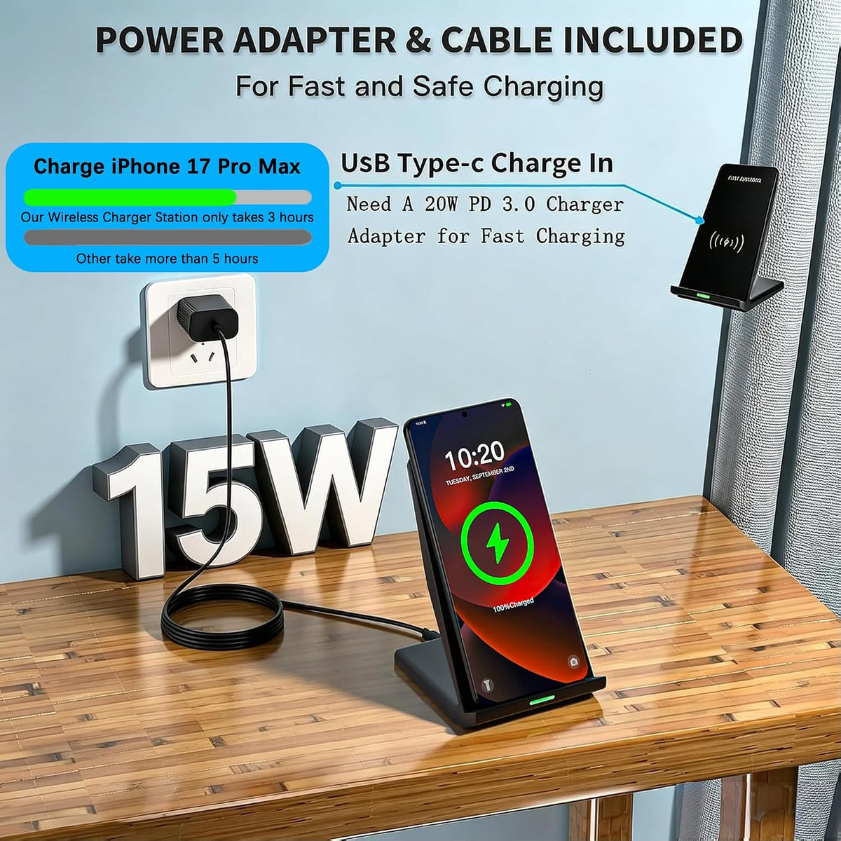 Wireless Charger Station,15W Desk Wireless Charging Stand 20W USB C Adapter for Apple iPhone 17 Pro/17/17/Air/16 Pro/16E/16 Plus/15/14/13,Samsung Galaxy S25/S24/S23/S22/Z Flip Fold/Note 20,Google etc