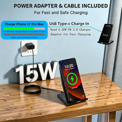 Wireless Charger Station,15W Desk Wireless Charging Stand 20W USB C Adapter for Apple iPhone 17 Pro/17/17/Air/16 Pro/16E/16 Plus/15/14/13,Samsung Galaxy S25/S24/S23/S22/Z Flip Fold/Note 20,Google etc