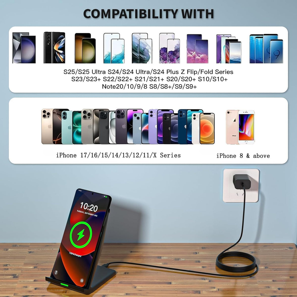 Wireless Charger Station,15W Desk Wireless Charging Stand 20W USB C Adapter for Apple iPhone 17 Pro/17/17/Air/16 Pro/16E/16 Plus/15/14/13,Samsung Galaxy S25/S24/S23/S22/Z Flip Fold/Note 20,Google etc