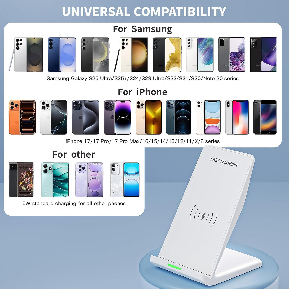 Wireless Charger Station,15W Desk Wireless Charging Stand 20W USB C Adapter for Apple iPhone 17 Pro/17/17/Air/16 Pro/16E/16 Plus/15/14/13,Samsung Galaxy S25/S24/S23/S22/Z Flip Fold/Note 20,Google etc