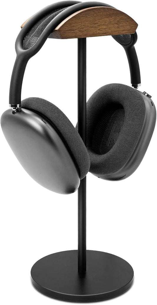 Headphone Stand for Desk, Walnut Wood & Aluminum Headset Stand, Universal Walnut Gaming Headset Holder with Solid Heavy Base for AirPod Max, Bose, Sony All Headphone Sizes (Circular Base)