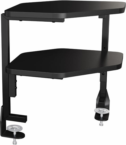 Corner Clamp-on 17 inch Above or Below Desk 2-Tier Shelving Unit for Table Accessories, Gaming Devices, and More, Storage Desk Attachment Organizer, Black, STAND-SHELF2CR