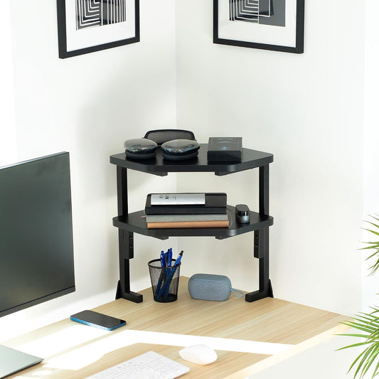 Corner Clamp-on 17 inch Above or Below Desk 2-Tier Shelving Unit for Table Accessories, Gaming Devices, and More, Storage Desk Attachment Organizer, Black, STAND-SHELF2CR