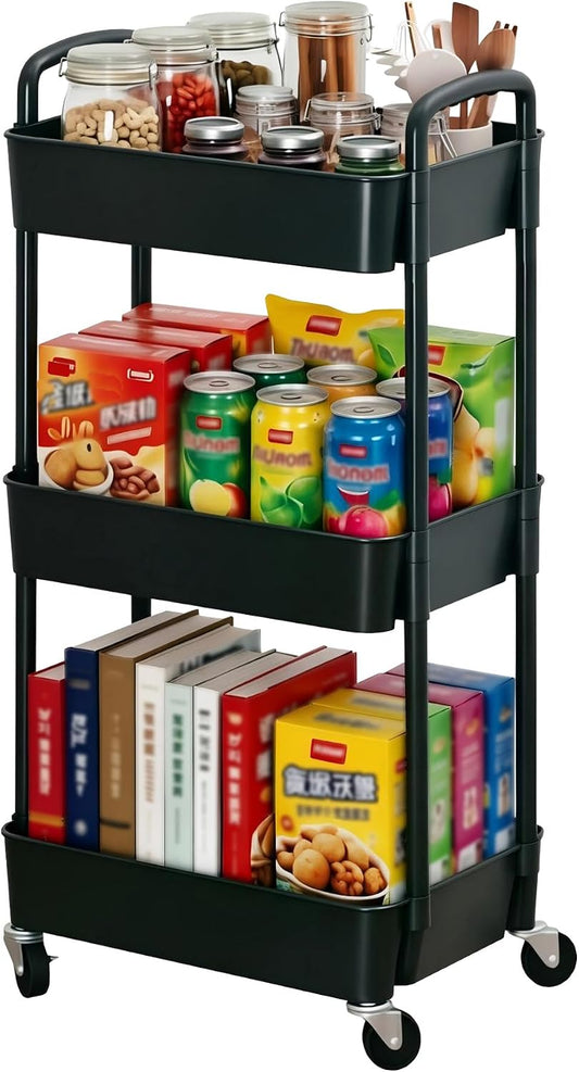 Sywhitta 3-Tier Plastic Rolling Utility Cart with Wheels for Storage,Black