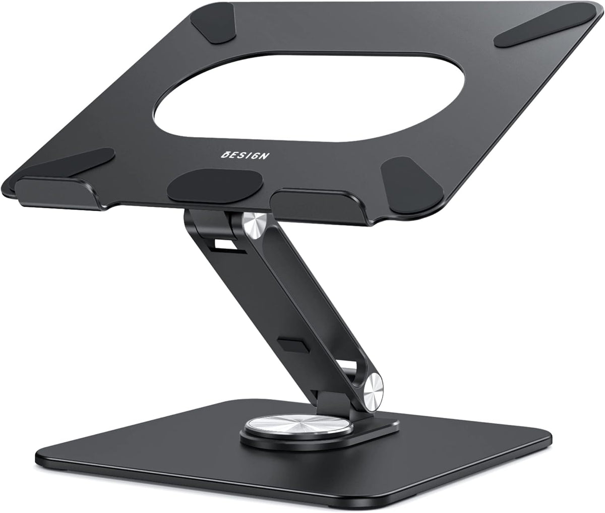 LSX7 Laptop Stand with 360 Rotating Base, Ergonomic Adjustable Notebook Riser, Foldable Computer Holder Compatible with 10-15.6" Laptops (Black)