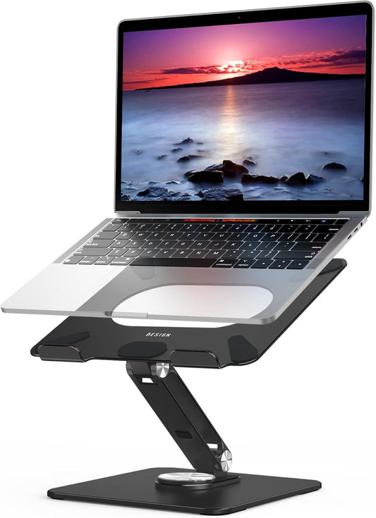 LSX7 Laptop Stand with 360 Rotating Base, Ergonomic Adjustable Notebook Riser, Foldable Computer Holder Compatible with 10-15.6" Laptops (Black)
