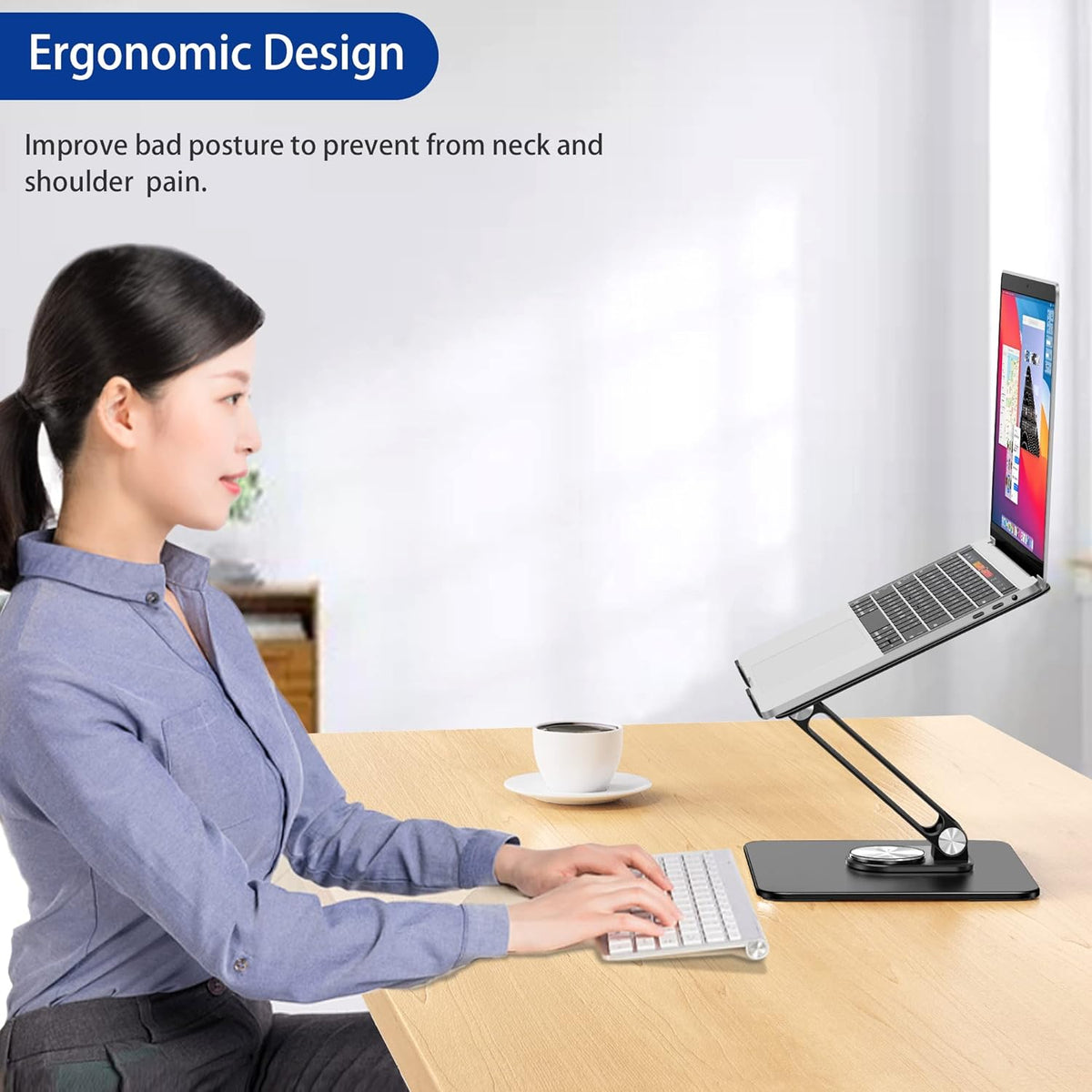 LSX7 Laptop Stand with 360 Rotating Base, Ergonomic Adjustable Notebook Riser, Foldable Computer Holder Compatible with 10-15.6" Laptops (Black)
