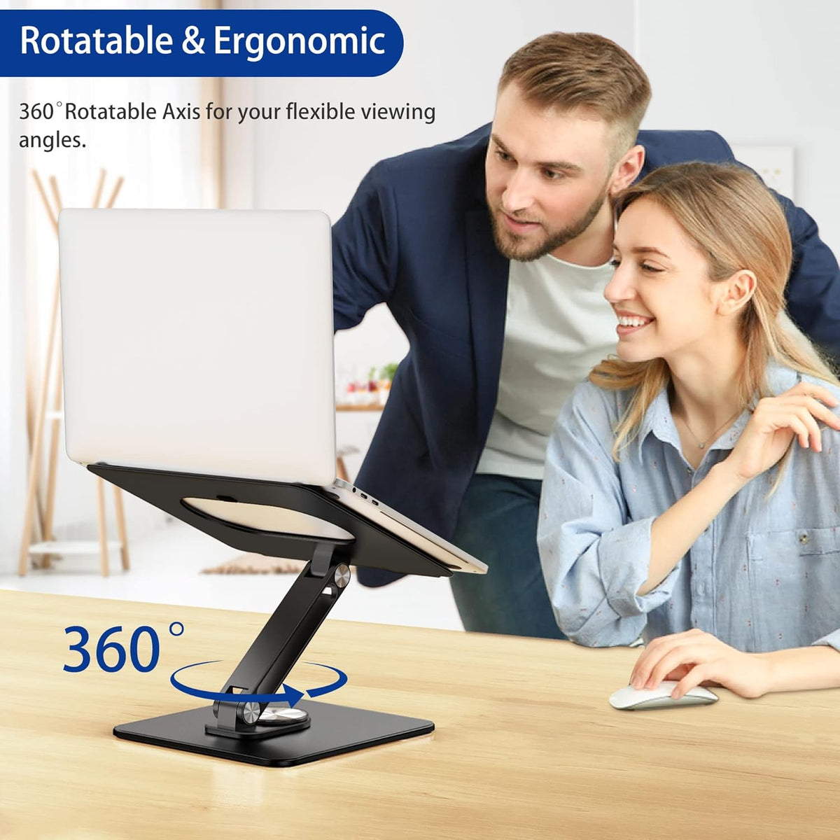 LSX7 Laptop Stand with 360 Rotating Base, Ergonomic Adjustable Notebook Riser, Foldable Computer Holder Compatible with 10-15.6" Laptops (Black)