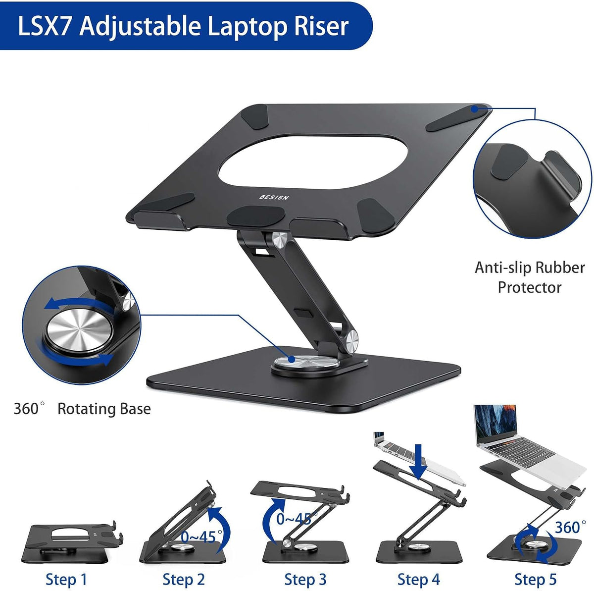 LSX7 Laptop Stand with 360 Rotating Base, Ergonomic Adjustable Notebook Riser, Foldable Computer Holder Compatible with 10-15.6" Laptops (Black)