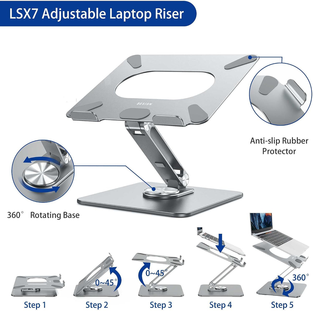 LSX7 Laptop Stand with 360 Rotating Base, Ergonomic Adjustable Notebook Riser, Foldable Computer Holder Compatible with 10-15.6" Laptops (Black)