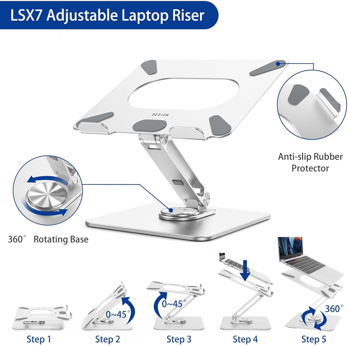 LSX7 Laptop Stand with 360 Rotating Base, Ergonomic Adjustable Notebook Riser, Foldable Computer Holder Compatible with 10-15.6" Laptops (Black)