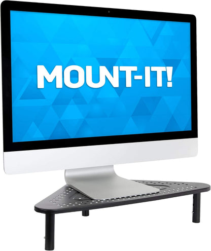 Corner Monitor Stand | Adjustable Height Corner Desk Shelf | Triangle Screen Riser, Ergonomic Space Saving Design, Ventilated. (Metal, Black)