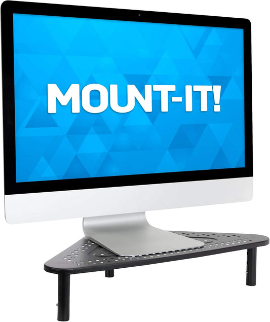 Corner Monitor Stand | Adjustable Height Corner Desk Shelf | Triangle Screen Riser, Ergonomic Space Saving Design, Ventilated. (Metal, Black)